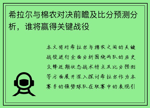 希拉尔与棉农对决前瞻及比分预测分析，谁将赢得关键战役